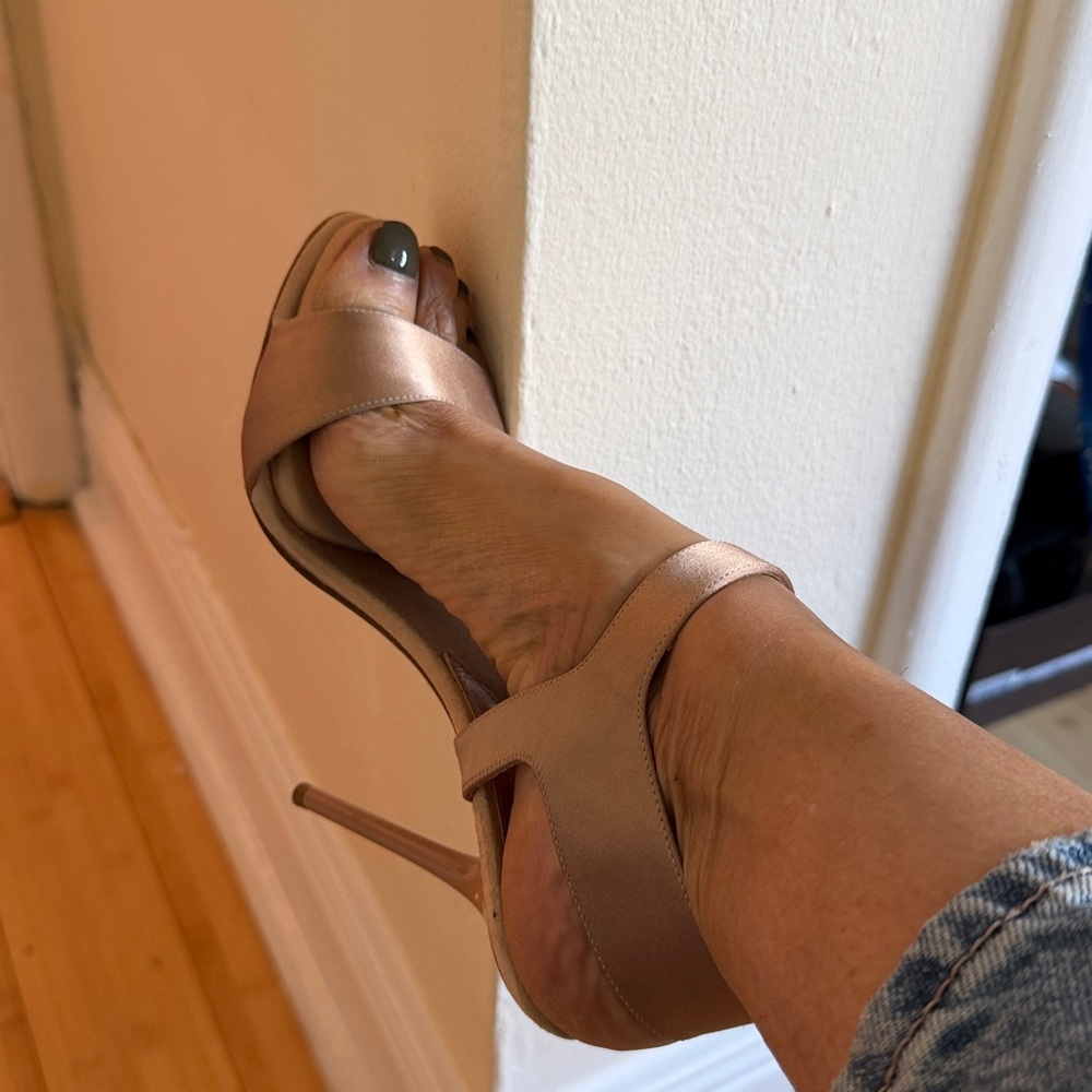Paul Andrew Beige Satin Kalida Block Heel Sandals